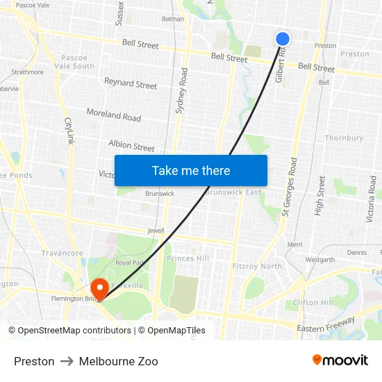 Preston to Melbourne Zoo map