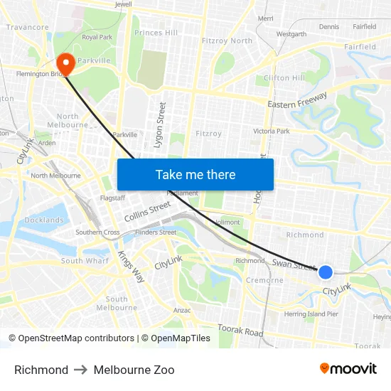 Richmond to Melbourne Zoo map