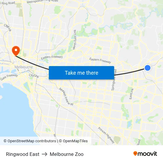 Ringwood East to Melbourne Zoo map