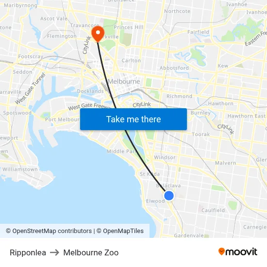 Ripponlea to Melbourne Zoo map