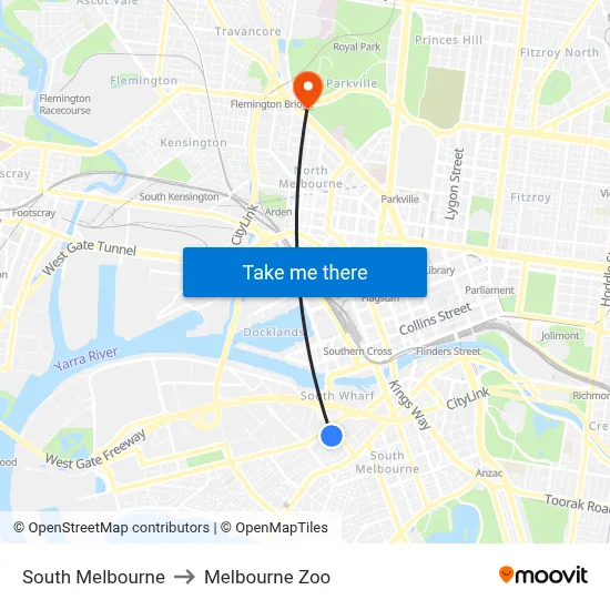 South Melbourne to Melbourne Zoo map
