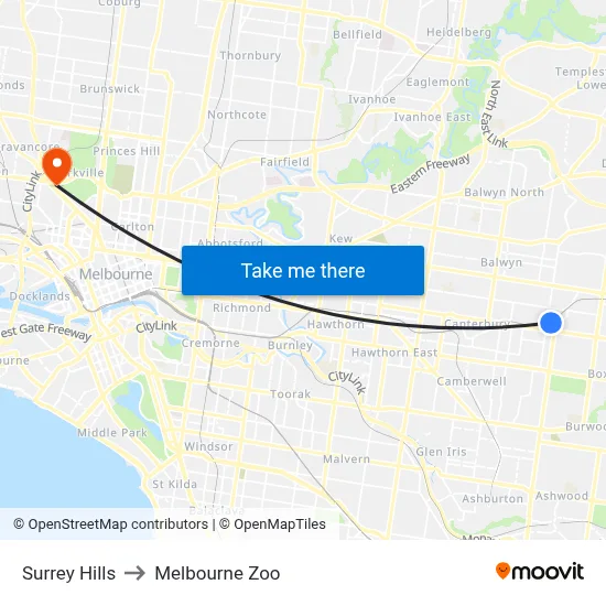 Surrey Hills to Melbourne Zoo map