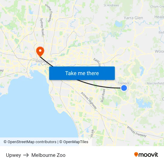 Upwey to Melbourne Zoo map