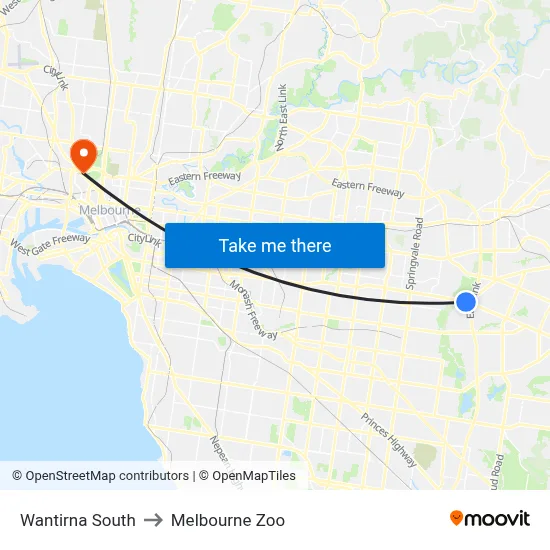 Wantirna South to Melbourne Zoo map