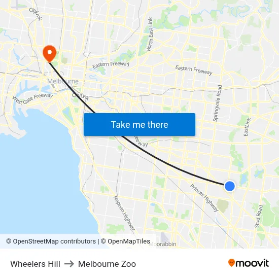 Wheelers Hill to Melbourne Zoo map