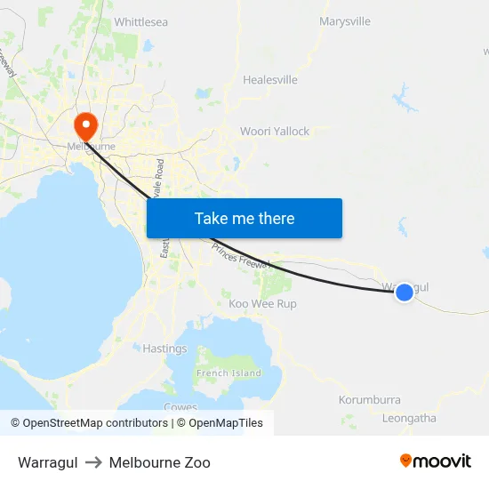 Warragul to Melbourne Zoo map