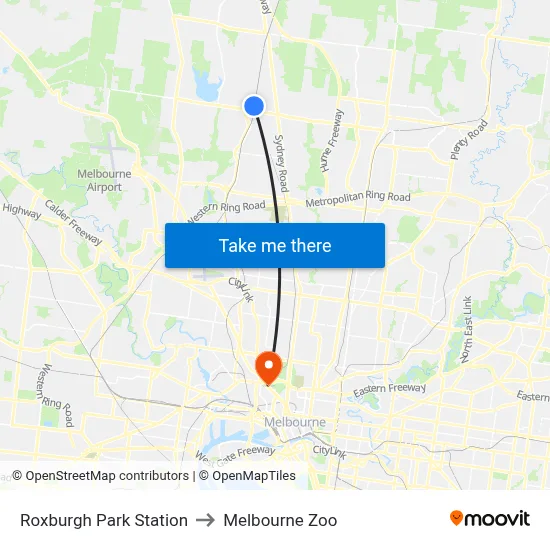 Roxburgh Park Station to Melbourne Zoo map