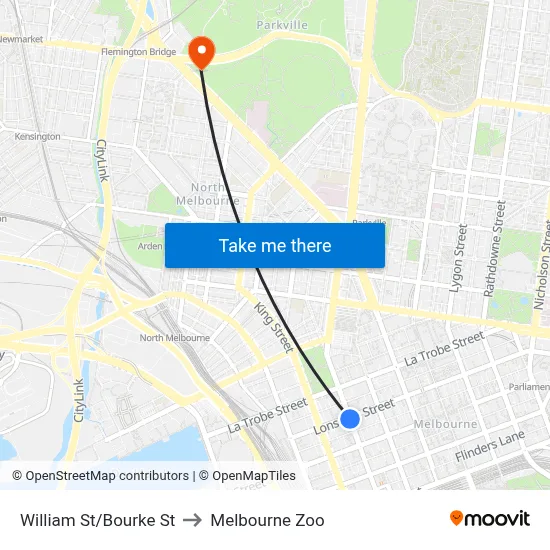William St/Bourke St to Melbourne Zoo map