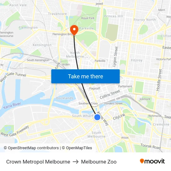 Crown Metropol Melbourne to Melbourne Zoo map