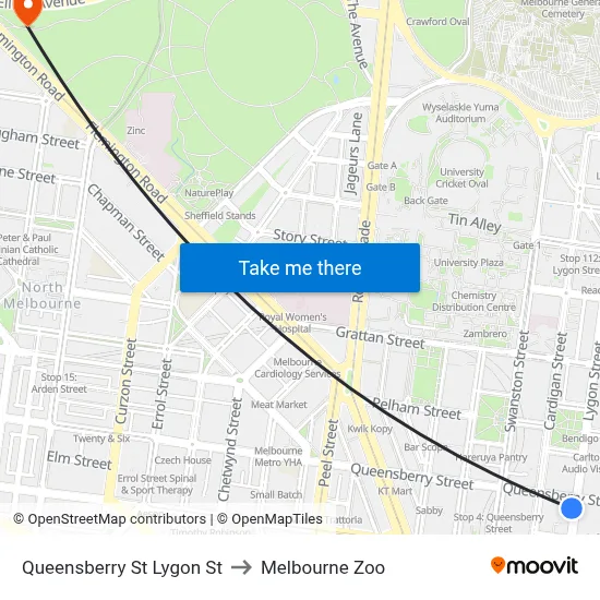 Queensberry St Lygon St to Melbourne Zoo map