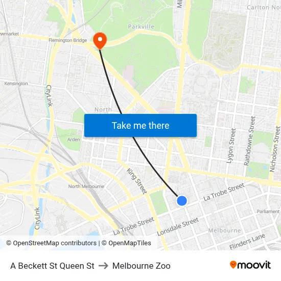 A Beckett St Queen St to Melbourne Zoo map