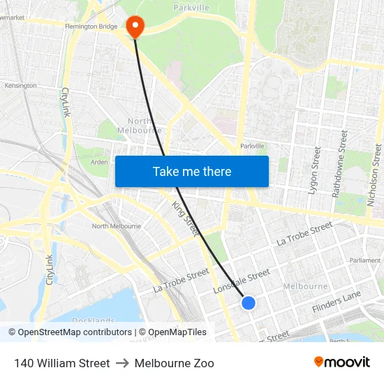 140 William Street to Melbourne Zoo map