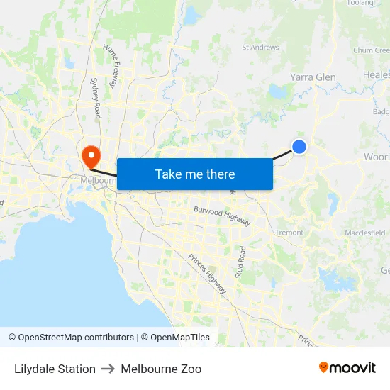 Lilydale Station to Melbourne Zoo map