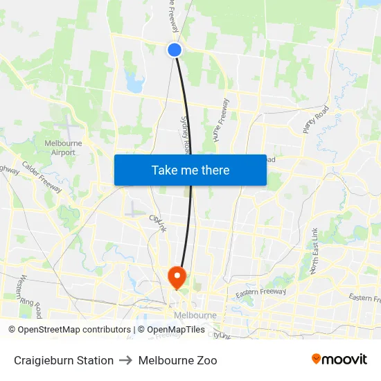 Craigieburn Station to Melbourne Zoo map