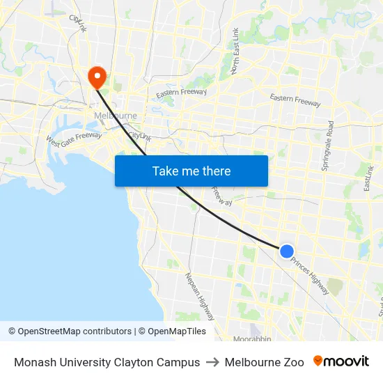 Monash University Clayton Campus to Melbourne Zoo map