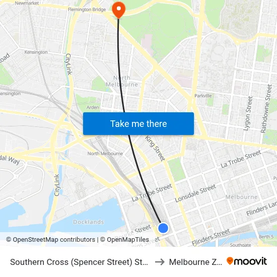 Southern Cross (Spencer Street) Station to Melbourne Zoo map