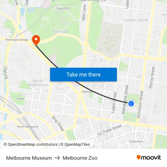 Melbourne Museum to Melbourne Zoo map