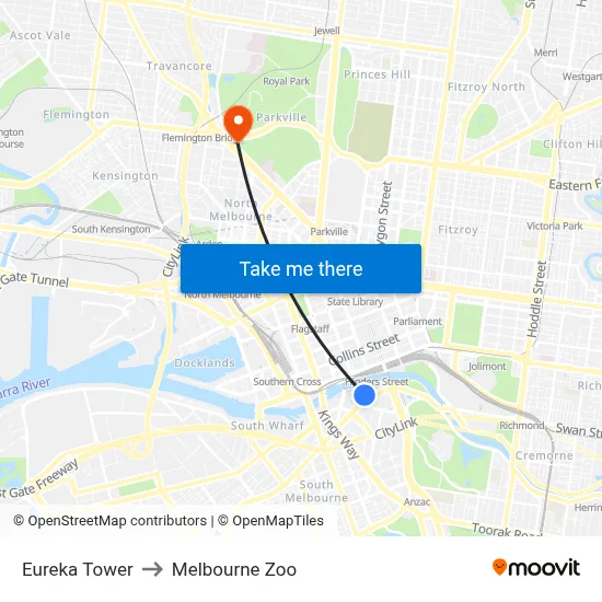 Eureka Tower to Melbourne Zoo map
