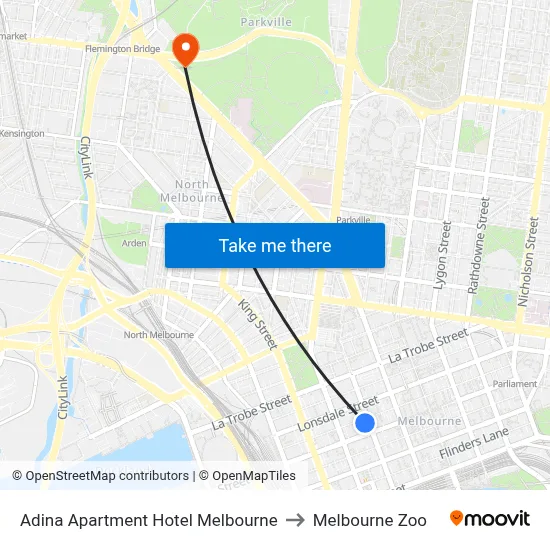 Adina Apartment Hotel Melbourne to Melbourne Zoo map