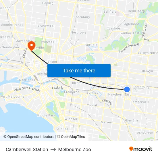 Camberwell Station to Melbourne Zoo map
