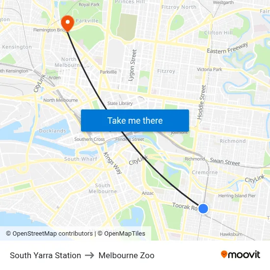 South Yarra Station to Melbourne Zoo map