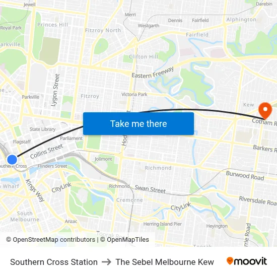 Southern Cross Station to The Sebel Melbourne Kew map