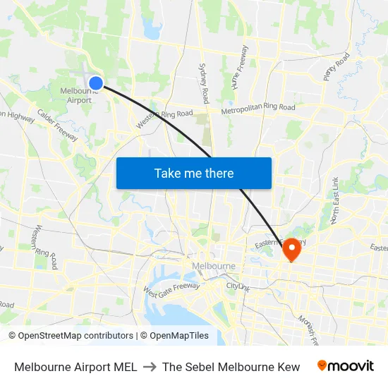 Melbourne Airport MEL to The Sebel Melbourne Kew map