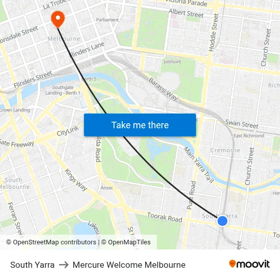 South Yarra to Mercure Welcome Melbourne map