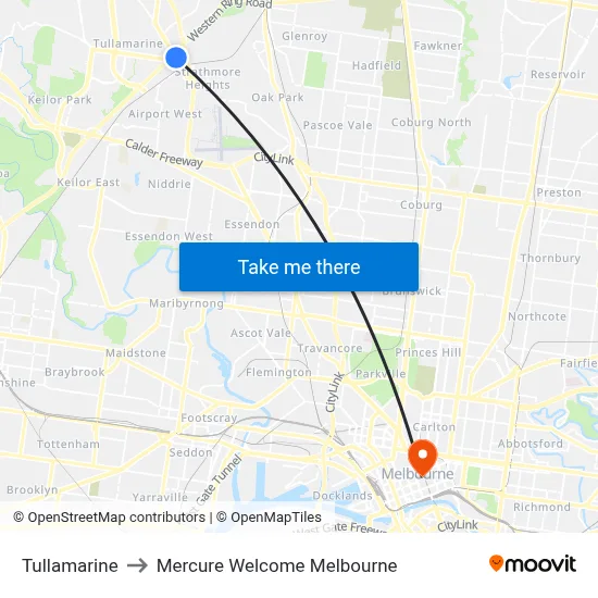 Tullamarine to Mercure Welcome Melbourne map