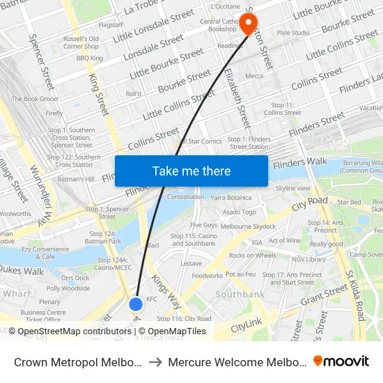 Crown Metropol Melbourne to Mercure Welcome Melbourne map