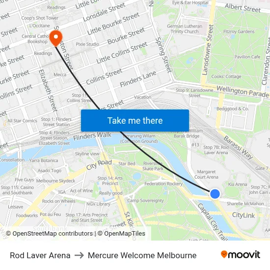 Rod Laver Arena to Mercure Welcome Melbourne map