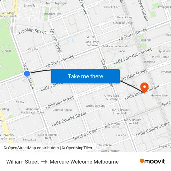 William Street to Mercure Welcome Melbourne map