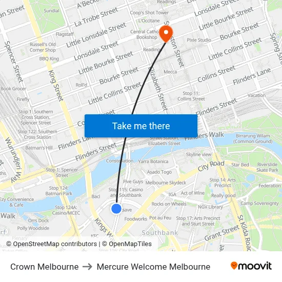 Crown Melbourne to Mercure Welcome Melbourne map