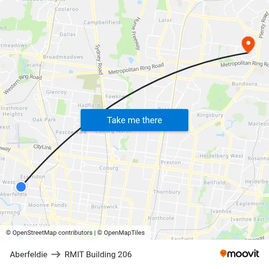 Aberfeldie to RMIT Building 206 map