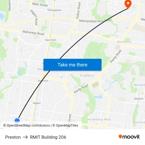 Preston to RMIT Building 206 map