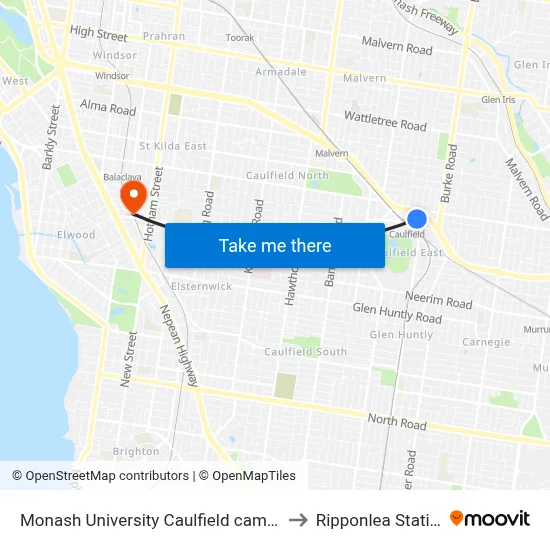 Monash University Caulfield campus to Ripponlea Station map