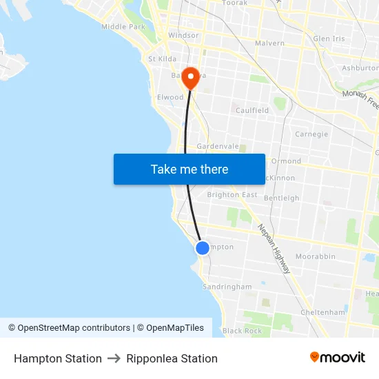 Hampton Station to Ripponlea Station map