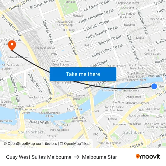 Quay West Suites Melbourne to Melbourne Star map