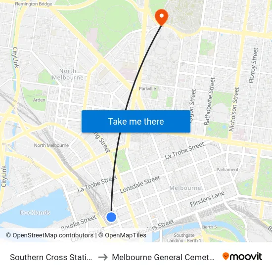 Southern Cross Station to Melbourne General Cemetery map