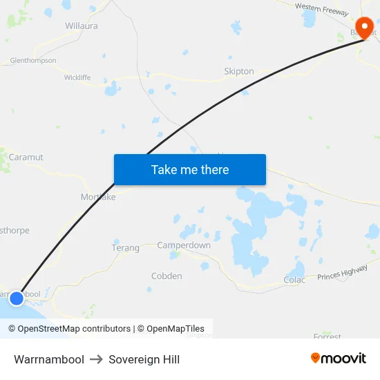 Warrnambool to Sovereign Hill map