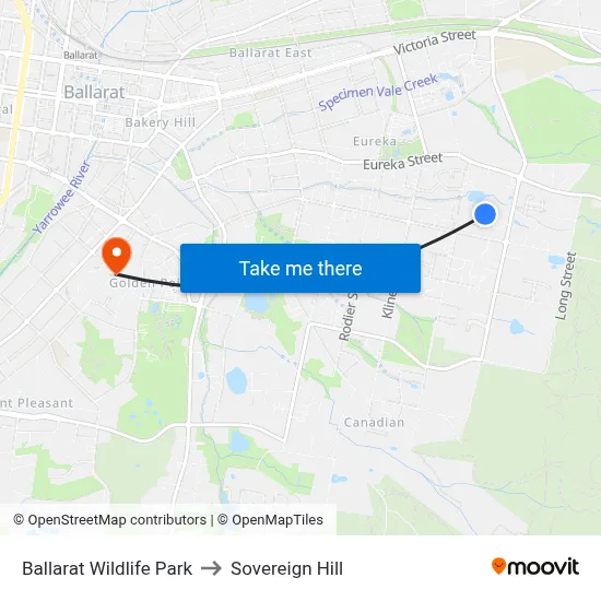 Ballarat Wildlife Park to Sovereign Hill map