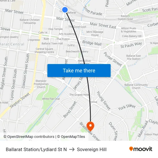 Ballarat Station/Lydiard St N to Sovereign Hill map