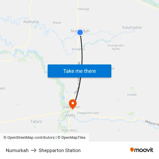 Numurkah to Shepparton Station map