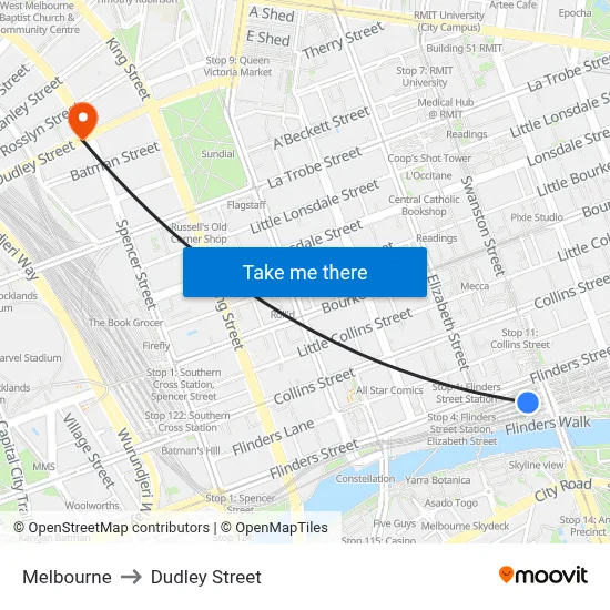 Melbourne to Dudley Street map
