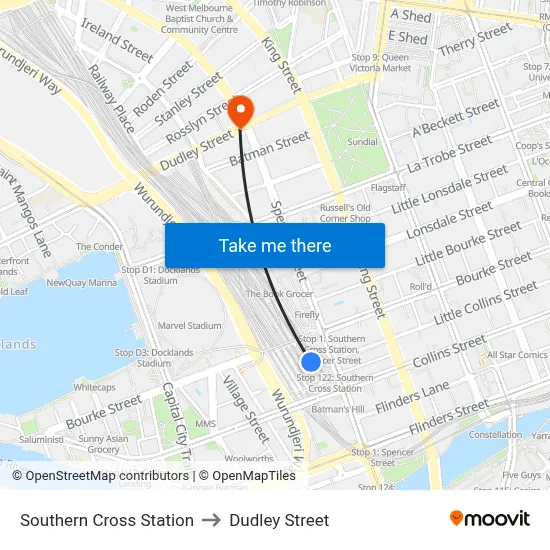 Southern Cross Station to Dudley Street map
