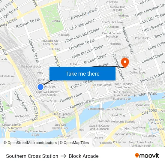 Southern Cross Station to Block Arcade map
