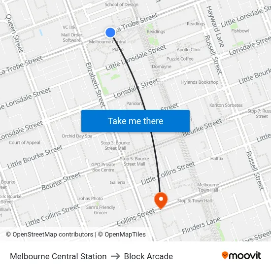 Melbourne Central Station to Block Arcade map