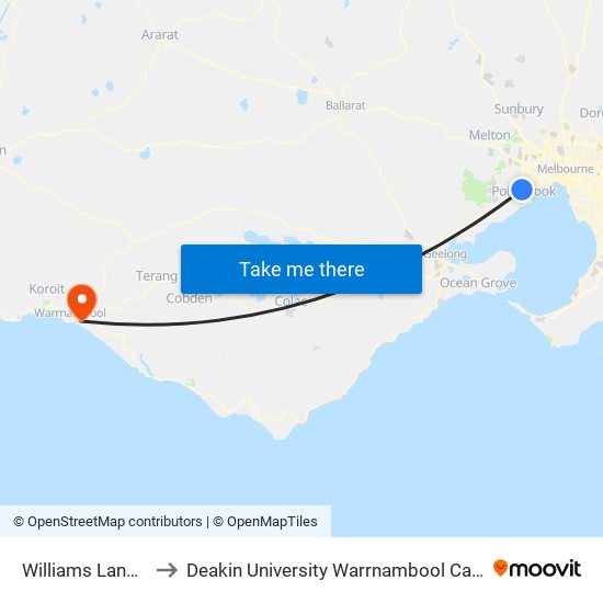Williams Landing to Deakin University Warrnambool Campus map