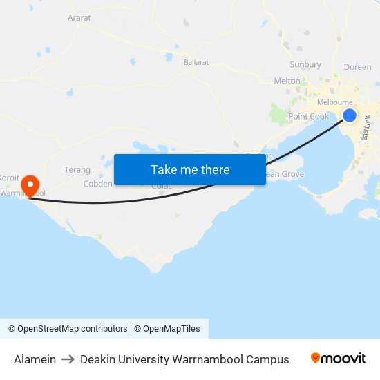 Alamein to Deakin University Warrnambool Campus map