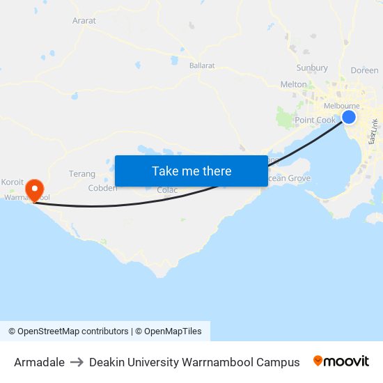 Armadale to Deakin University Warrnambool Campus map